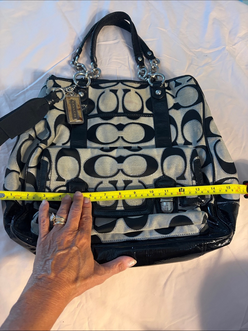 Coach Black and Ivory Signature Canvas Tote with Silver Hardware - Picture 3 of 13